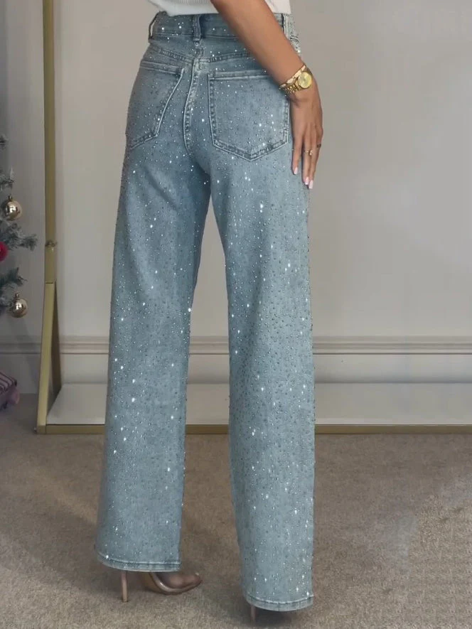 High Waist Diamanté Straight Jeans - Image 3