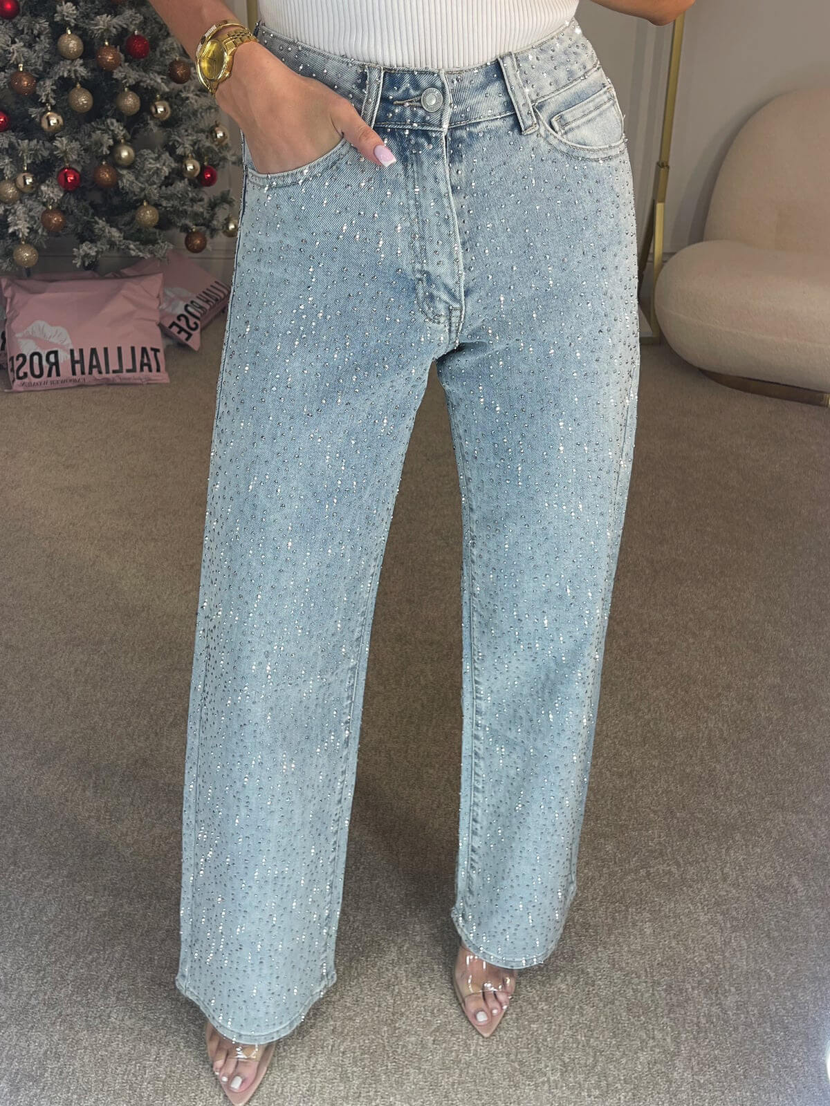 High Waist Diamanté Straight Jeans - Image 4