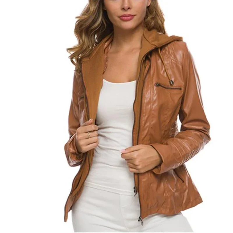 Women's Hooded Faux Leather Jacket - Image 2