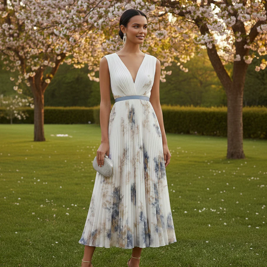 Elegant Floral Ceremony Dress in Blue and White - Image 4