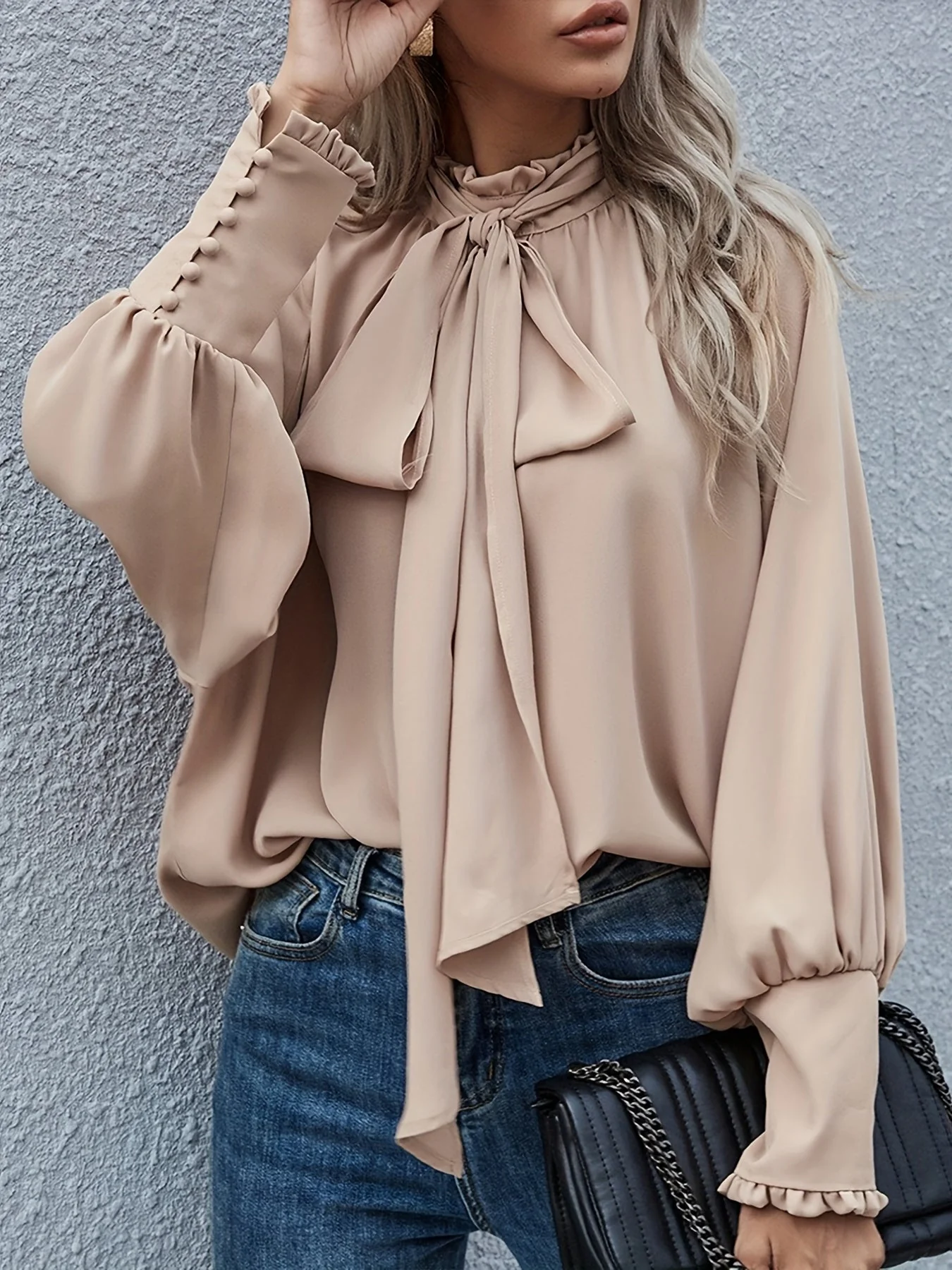 Long Sleeve Blouse with Tie Neck - Image 4
