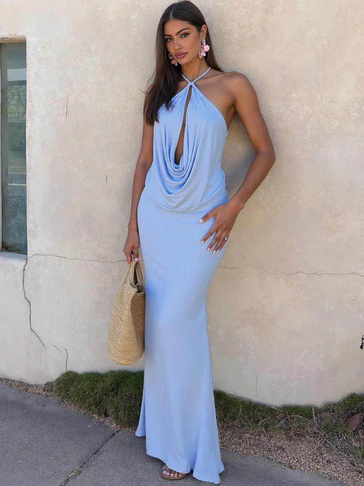 Halter Neck Maxi Dress – Draped Elegant Evening Dress for Women - Image 2