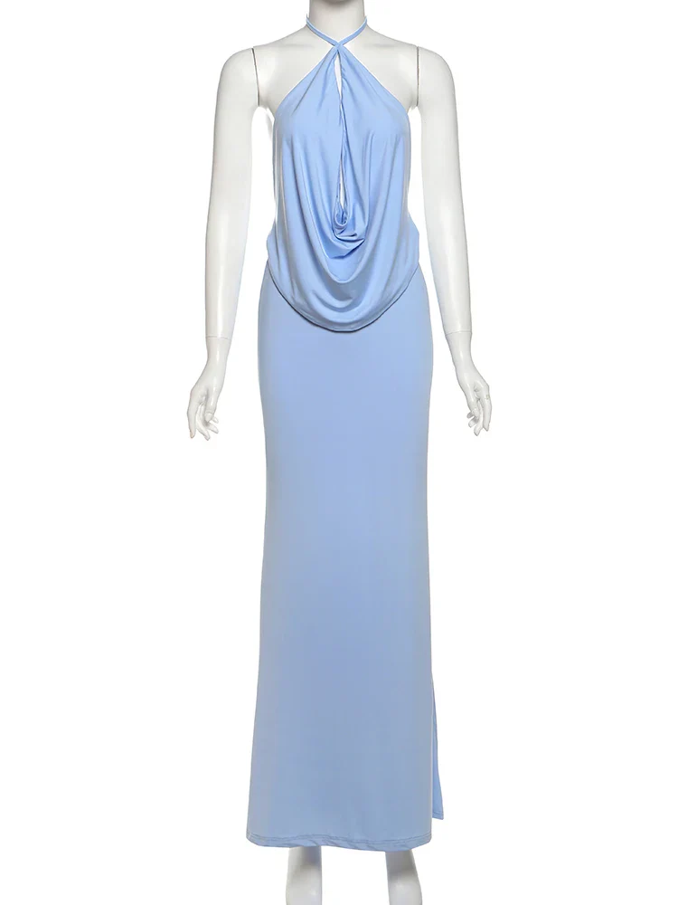 Halter Neck Maxi Dress – Draped Elegant Evening Dress for Women - Image 7