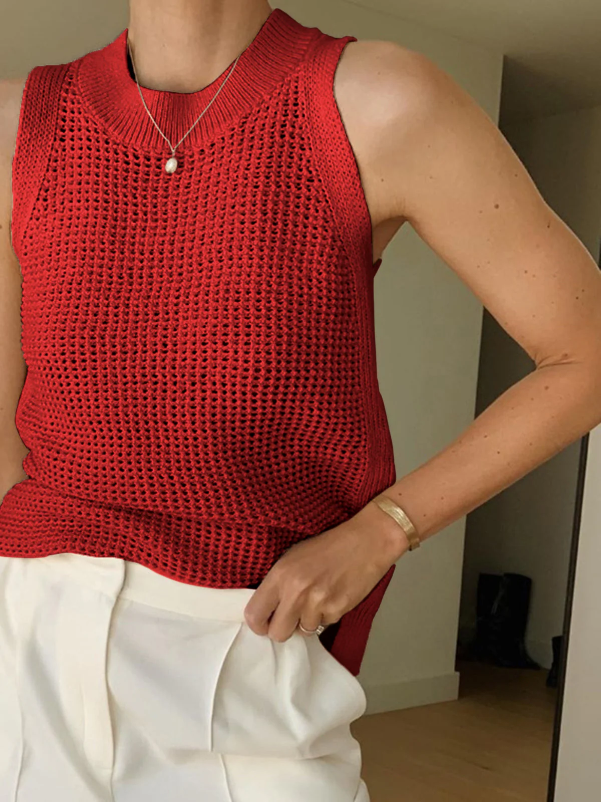 Knit Hollow Solid Tank Top - Image 3