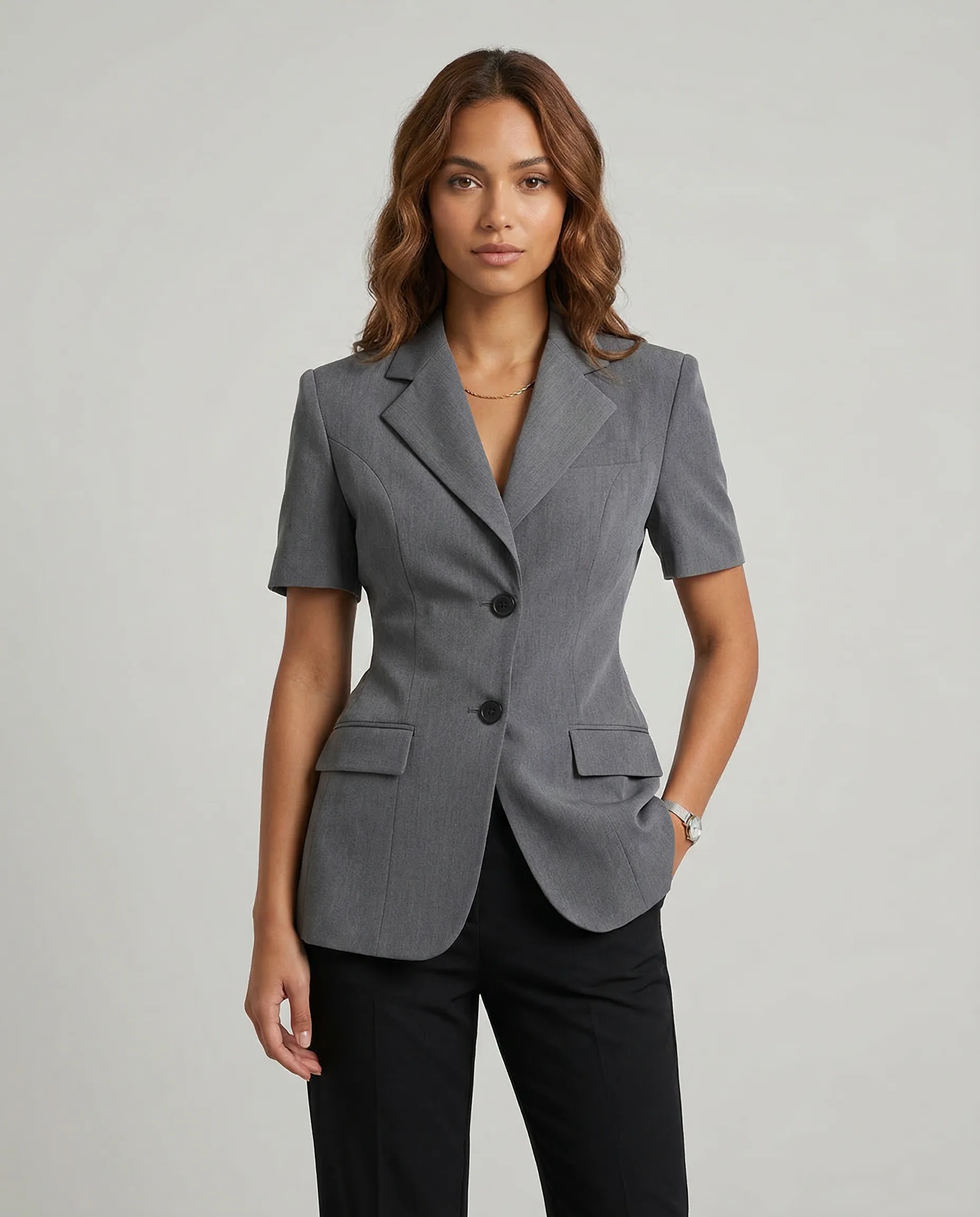 Korean Style Blazer – Chic A-Line Short Sleeve Jacket - Image 2