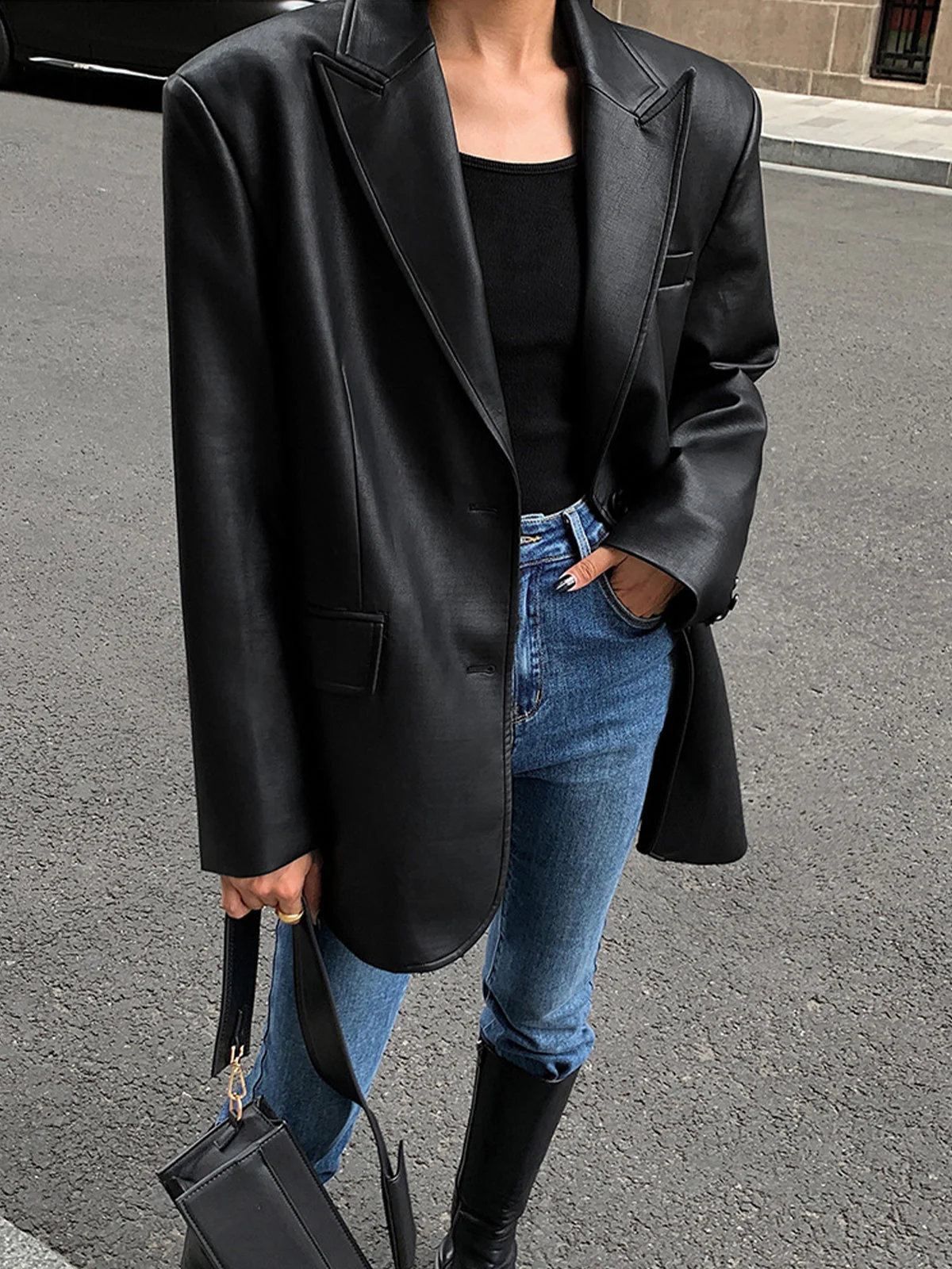 Women's Oversized Faux Leather Blazer with Lapel - Image 3