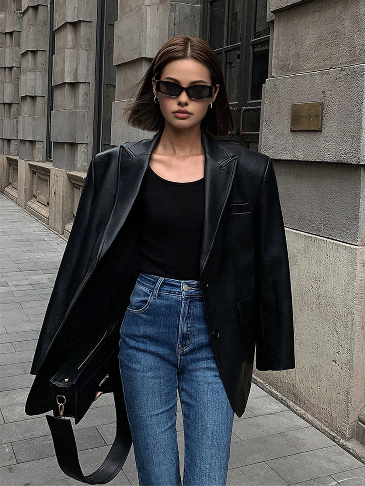Women's Oversized Faux Leather Blazer with Lapel - Image 4