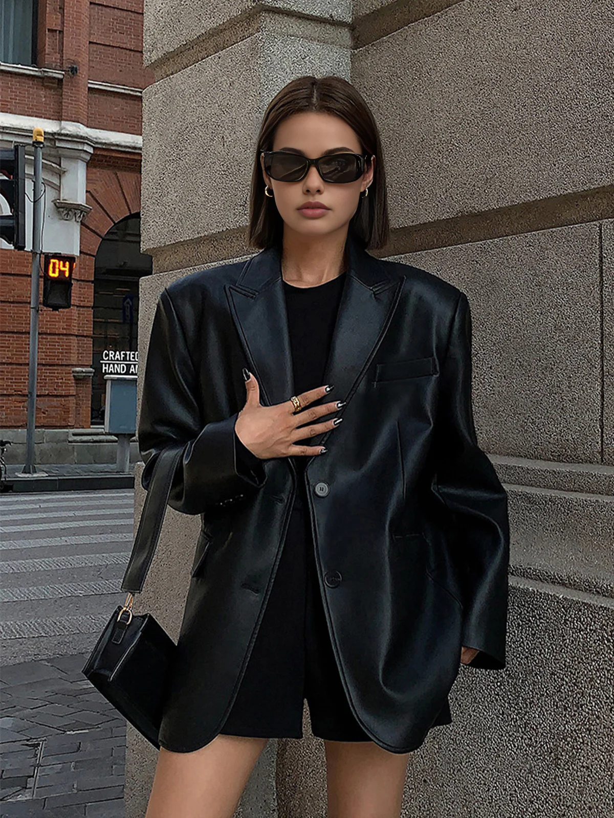 Women's Oversized Faux Leather Blazer with Lapel - Image 5