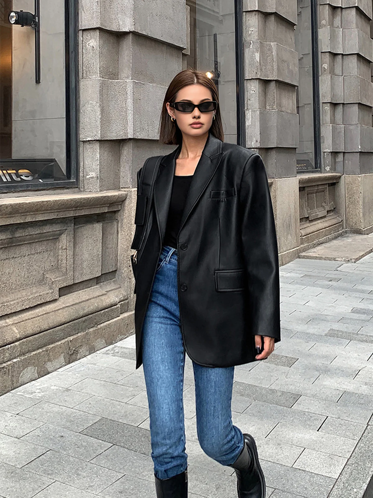 Women's Oversized Faux Leather Blazer with Lapel - Image 6