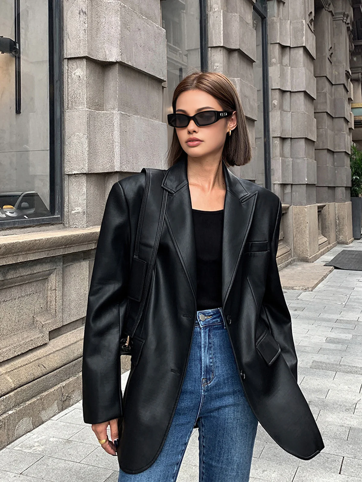 Women's Oversized Faux Leather Blazer with Lapel - Image 7