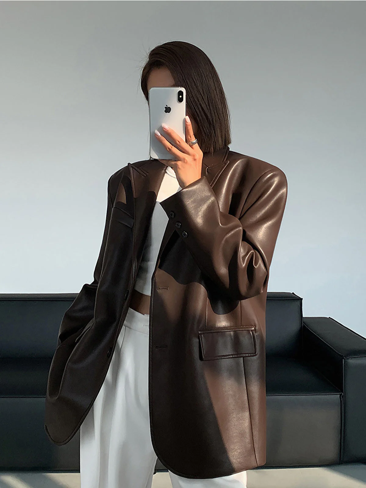 Women's Oversized Faux Leather Blazer with Lapel - Image 8