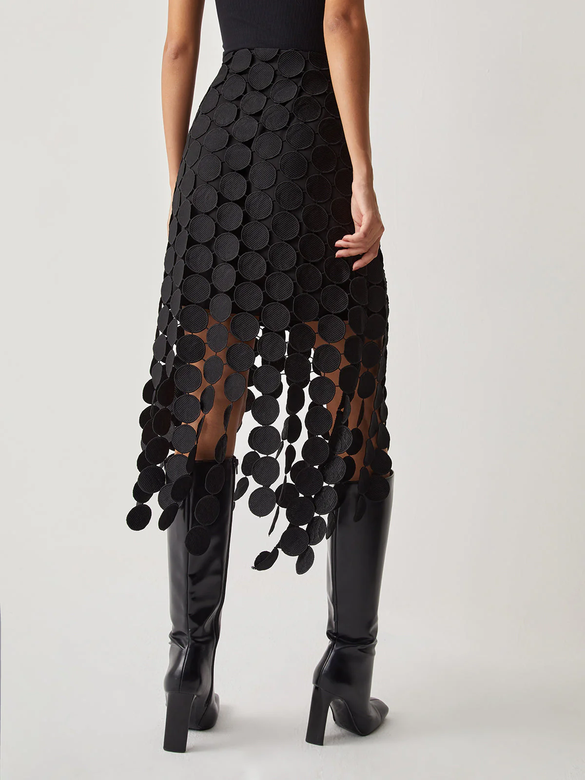 Laser Cut Circle Midi Skirt in Black - Image 3