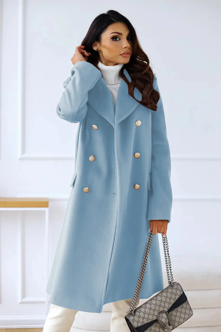 Women's Double-breasted Long Wool Coat - Image 11