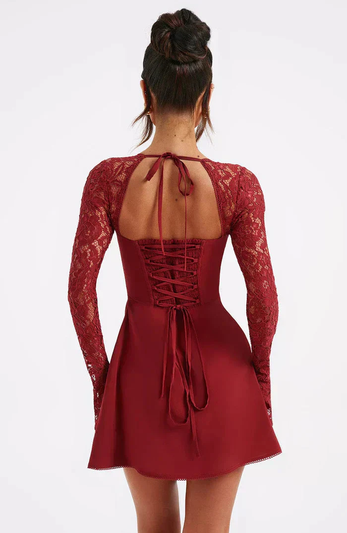 Red Lace Up Party Mini Dress - Image 3