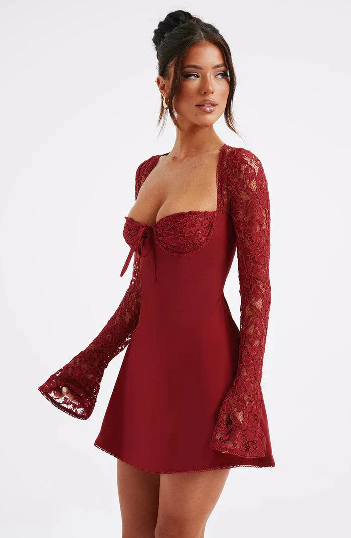 Red Lace Up Party Mini Dress - Image 4