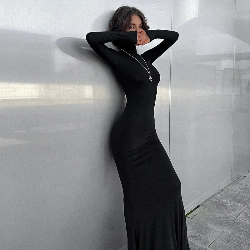 Formal Black Evening Long‑Sleeve Turtleneck Maxi Dress - Image 2