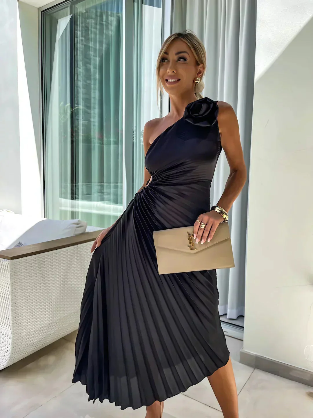 Elegant Shoulder Pleated Special Occasion Midi Dress - Image 6