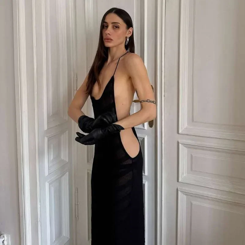 Sheer Mesh Halter Open Back Maxi Dress - Image 2