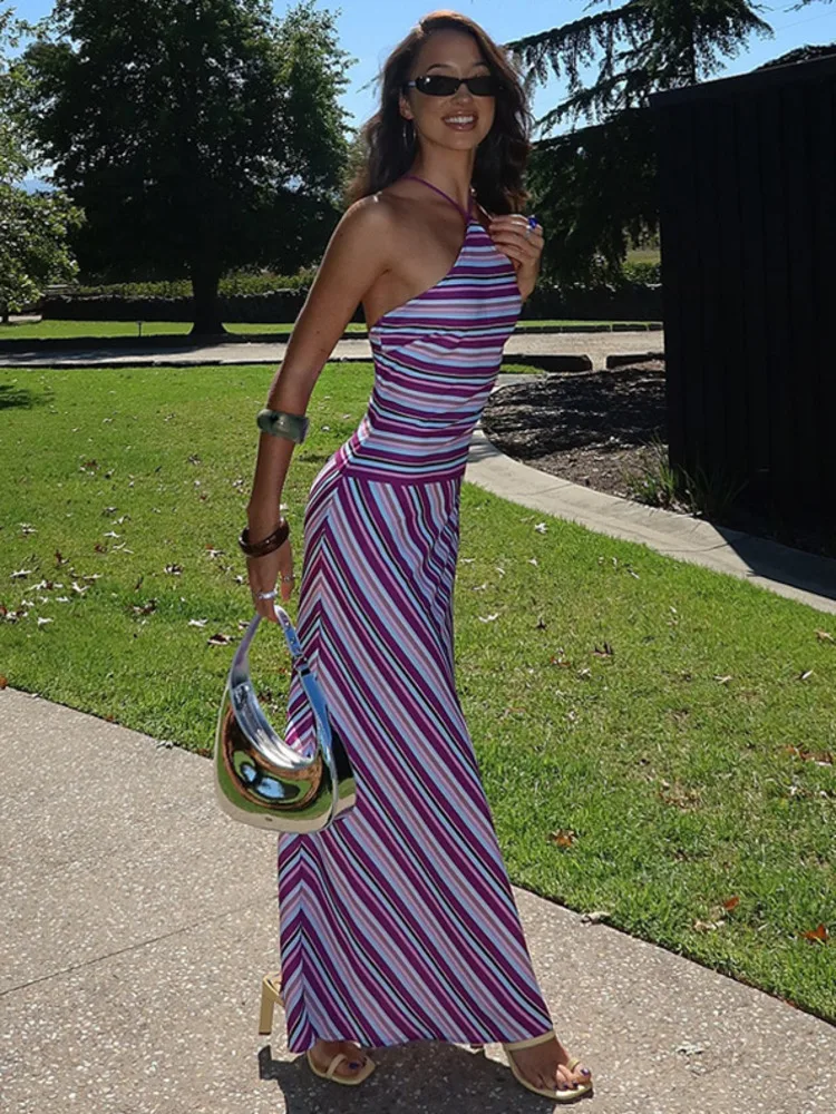 Halter Neck Maxi Dress – Striped Evening Silhouette Dress for Women - Image 4