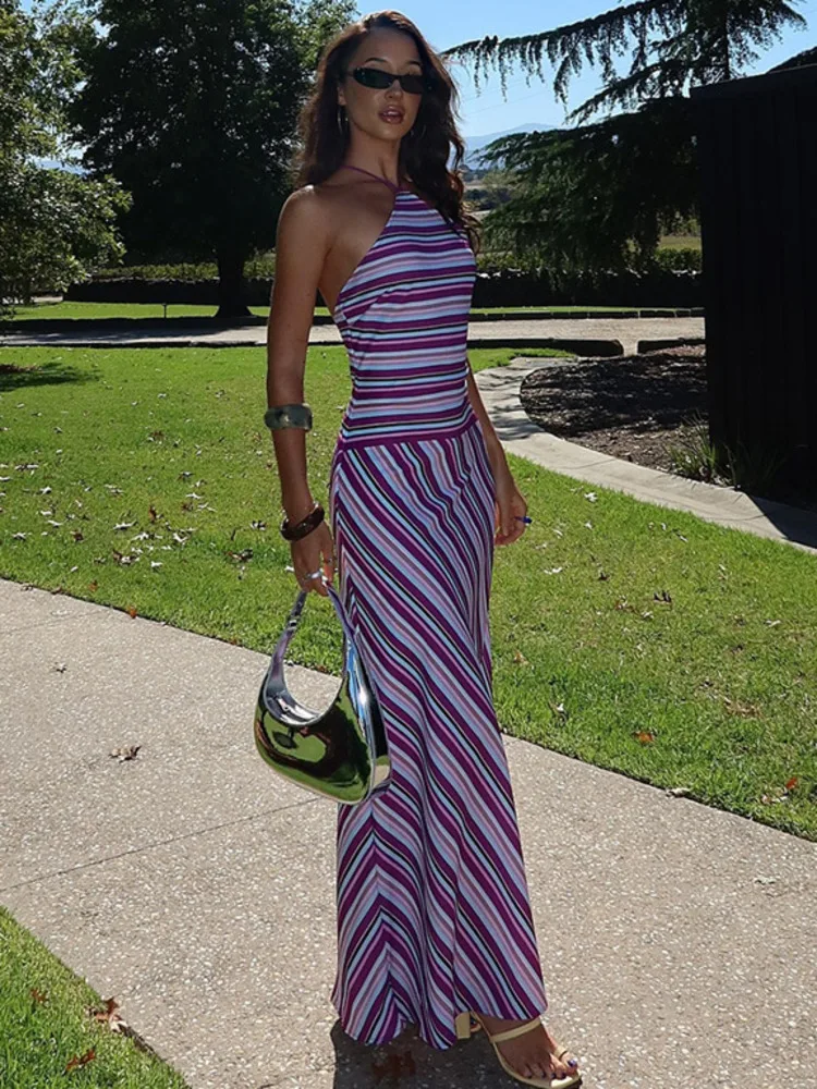 Halter Neck Maxi Dress – Striped Evening Silhouette Dress for Women - Image 5
