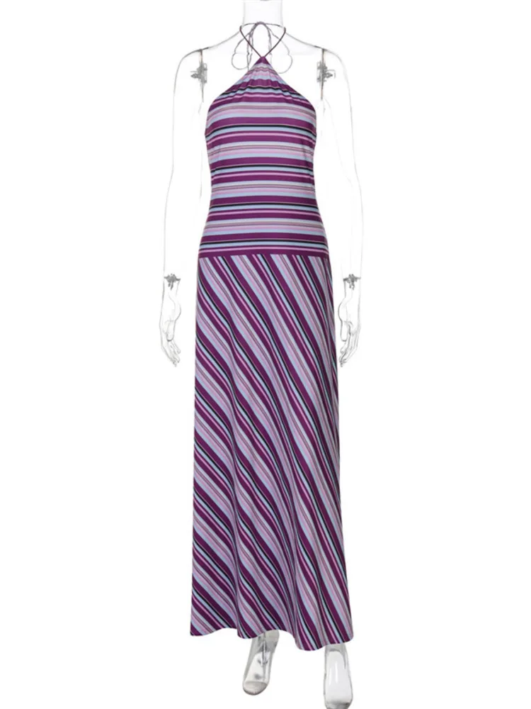 Halter Neck Maxi Dress – Striped Evening Silhouette Dress for Women - Image 7