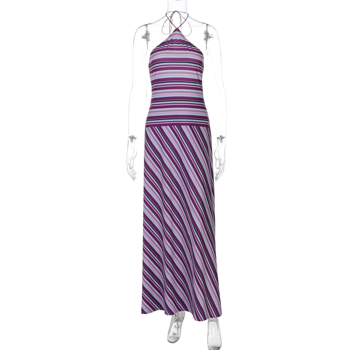 Halter Neck Maxi Dress – Striped Evening Silhouette Dress for Women - Image 8