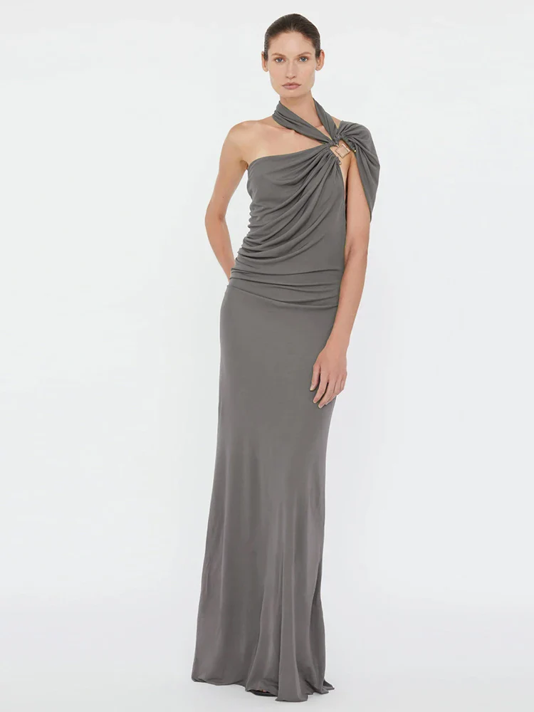 Draped One Shoulder Maxi Dress with Sculpted Silhouette - Image 5