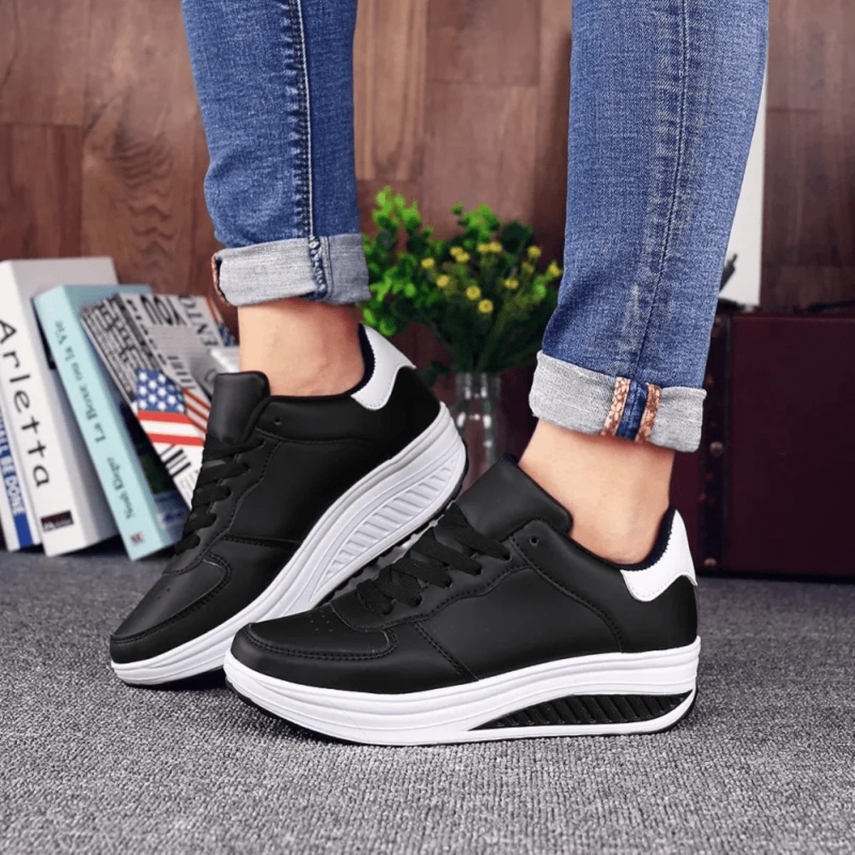 Women's Black Leather Sneakers - Image 4