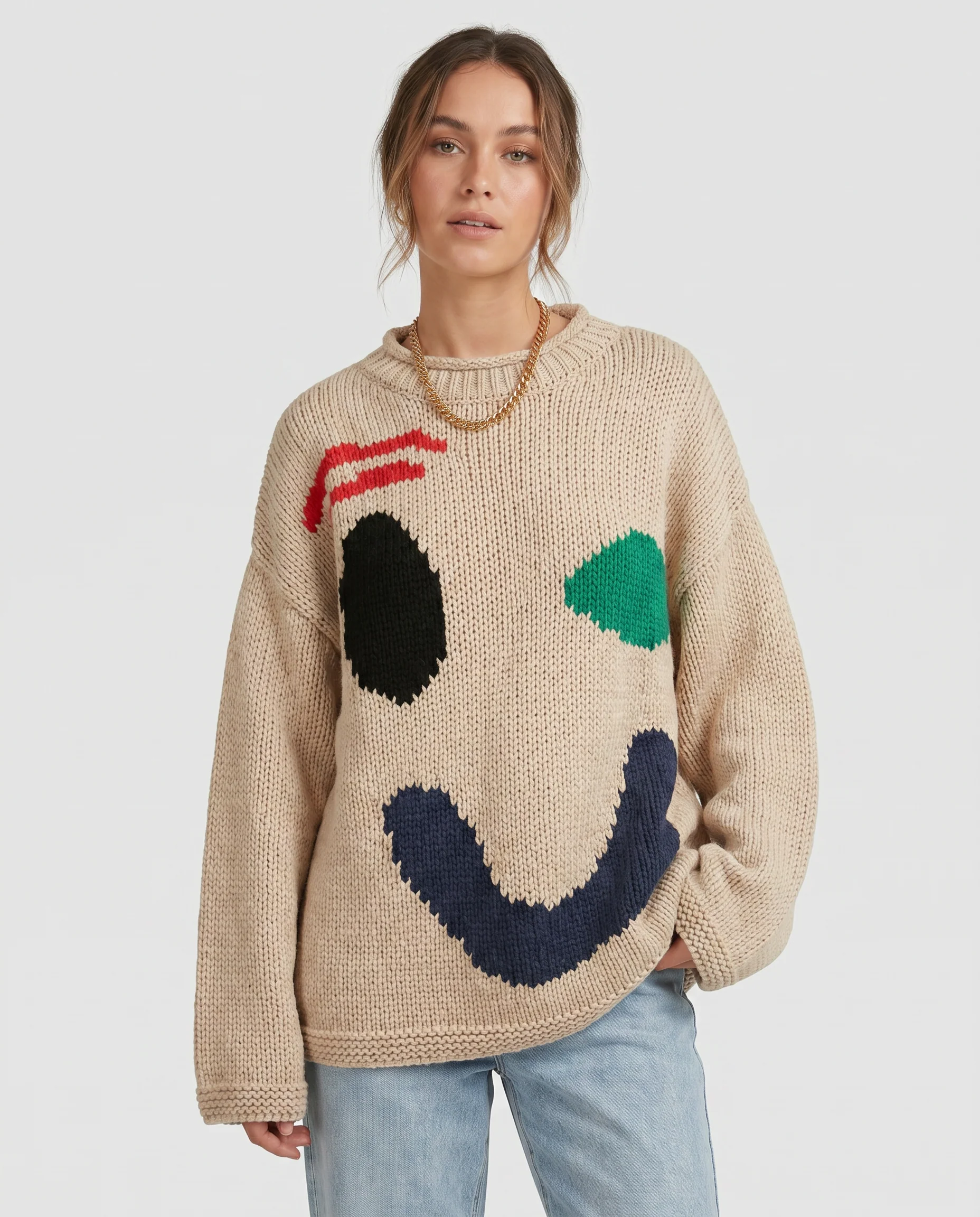 Oversized sweaters with smiley face design - Image 3