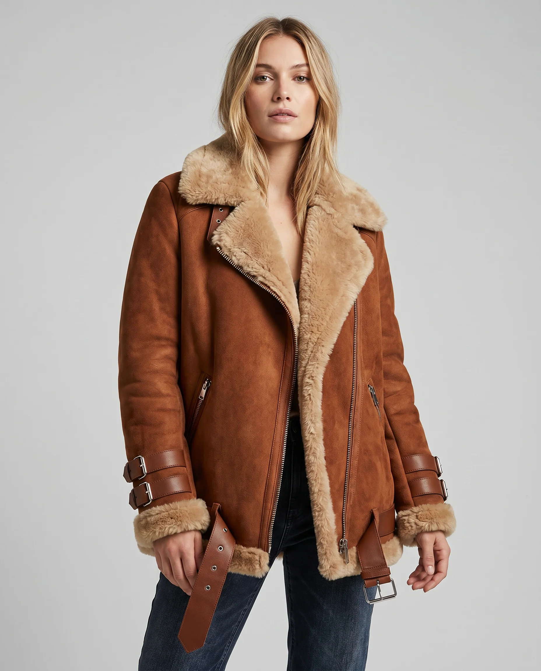 Women's Premium Faux Sheepskin Jacket With Belt And Pockets