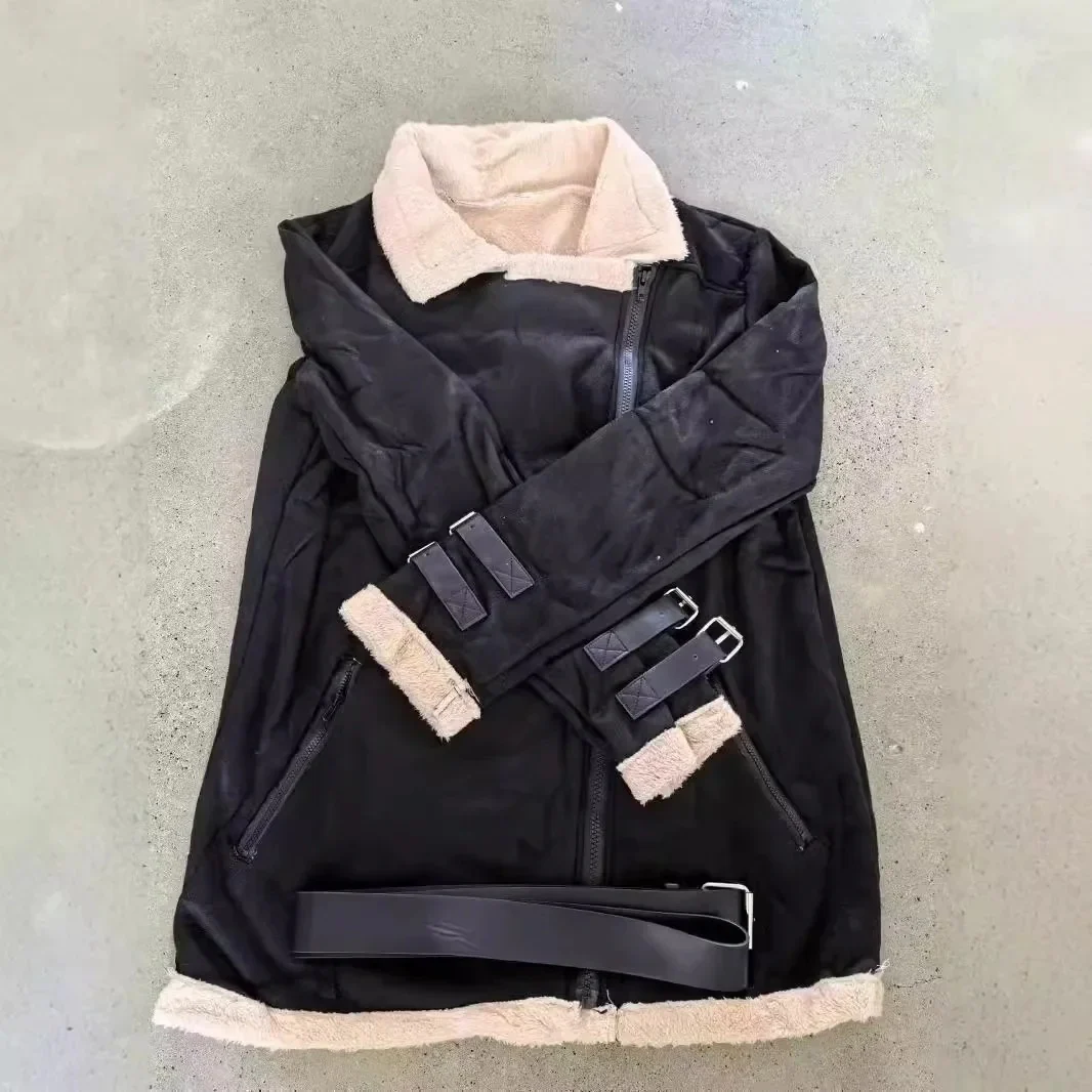Women's Premium Faux Sheepskin Jacket With Belt And Pockets - Image 10