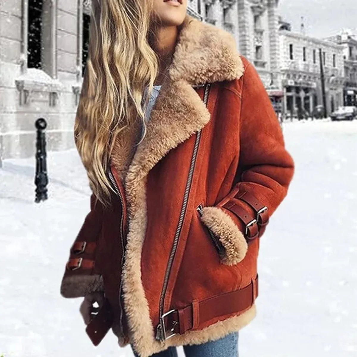 Women's Premium Faux Sheepskin Jacket With Belt And Pockets - Image 5