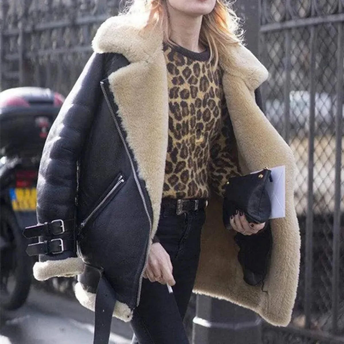 Women's Premium Faux Sheepskin Jacket With Belt And Pockets - Image 7