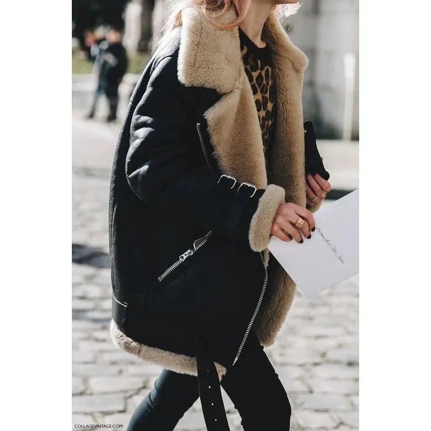 Women's Premium Faux Sheepskin Jacket With Belt And Pockets - Image 9