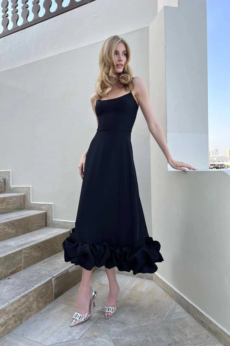 Elegant Black Ruffle Evening Party Midi Dress - Image 2