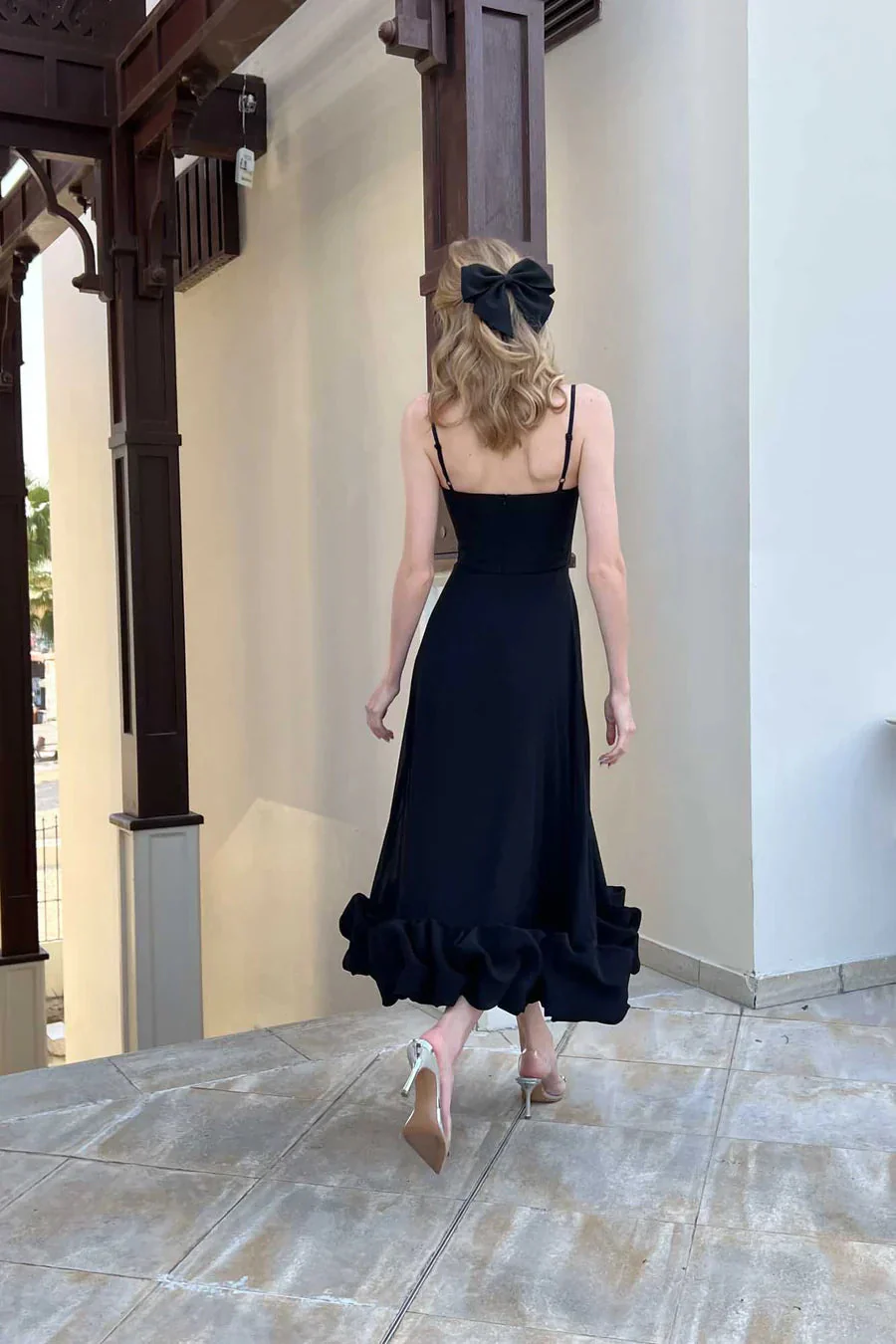 Elegant Black Ruffle Evening Party Midi Dress - Image 6