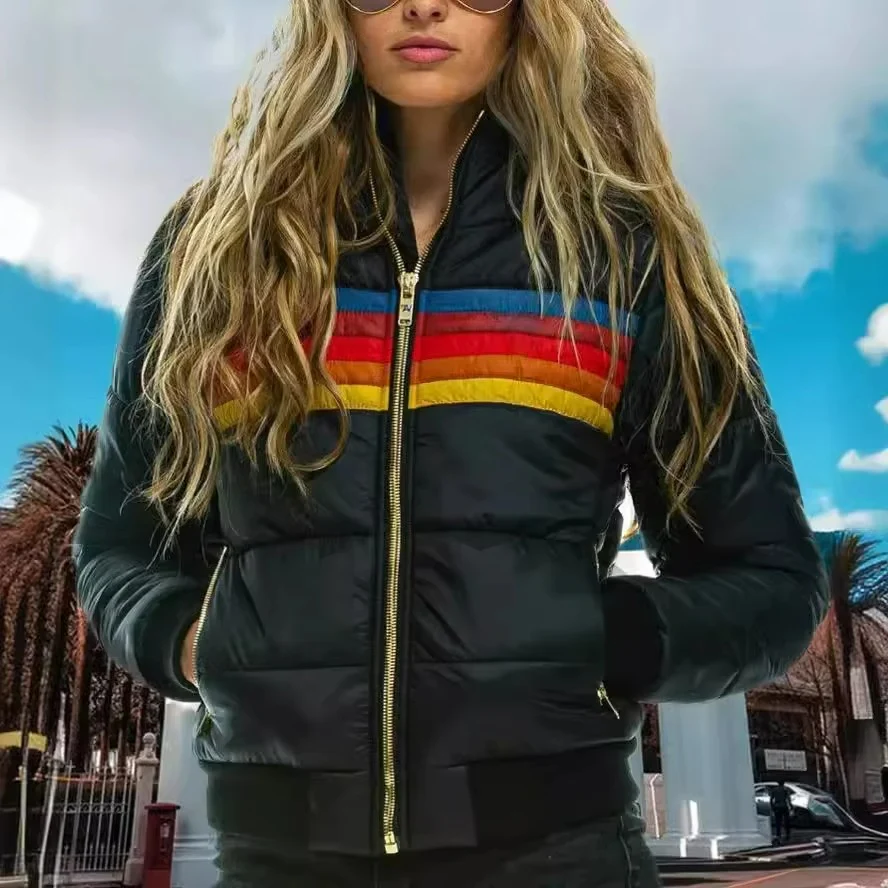 Women's Retro Striped Padded Puffer Jacket - Image 4