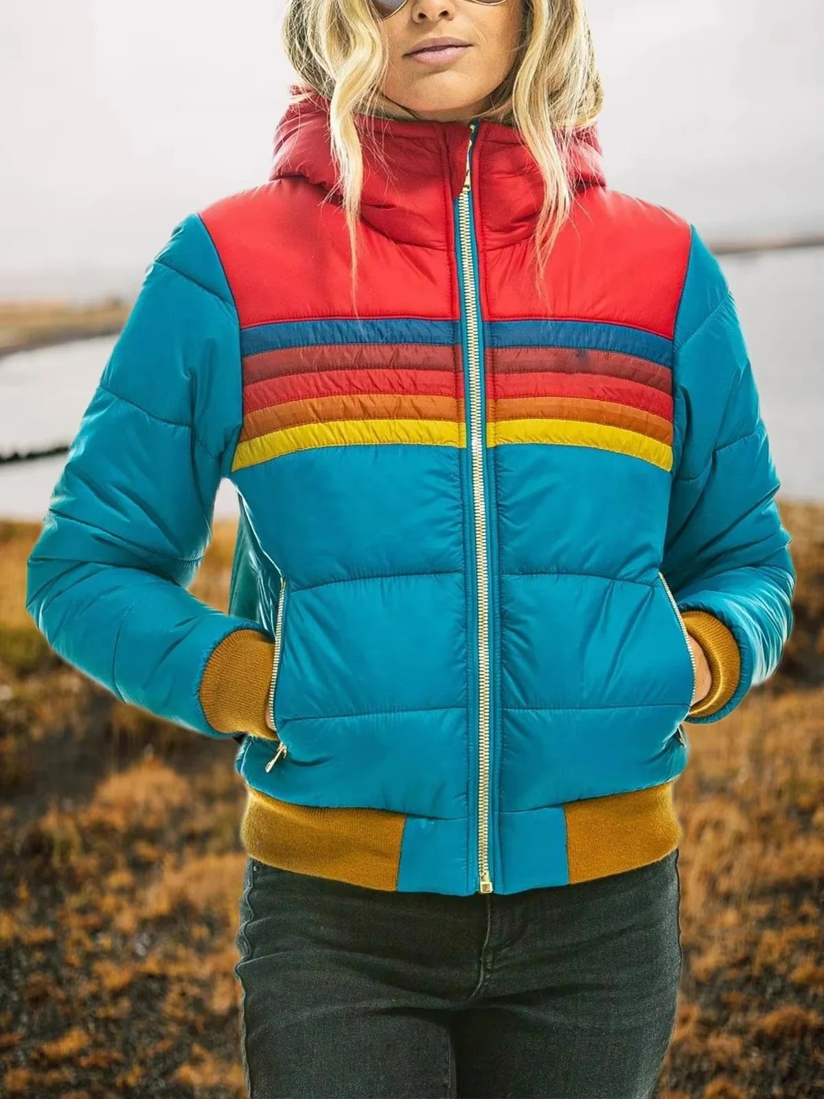 Women's Retro Striped Padded Puffer Jacket - Image 5