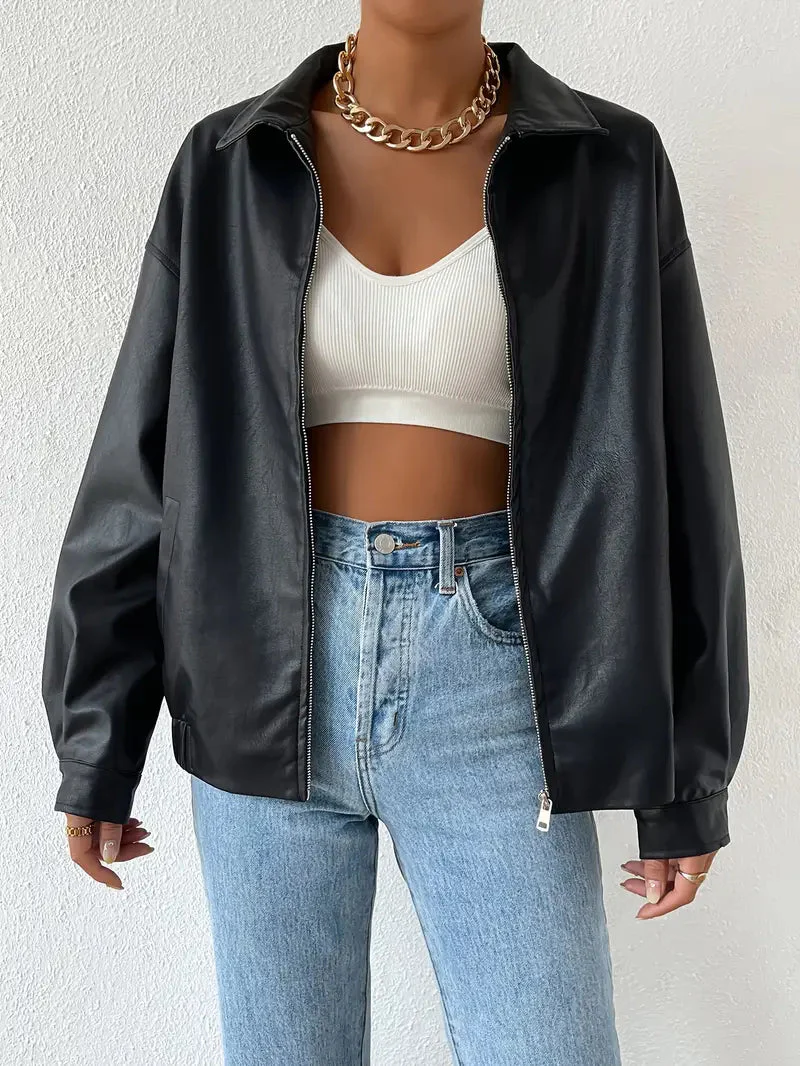 Women's Faux Leather Zip Jacket Black - Image 2