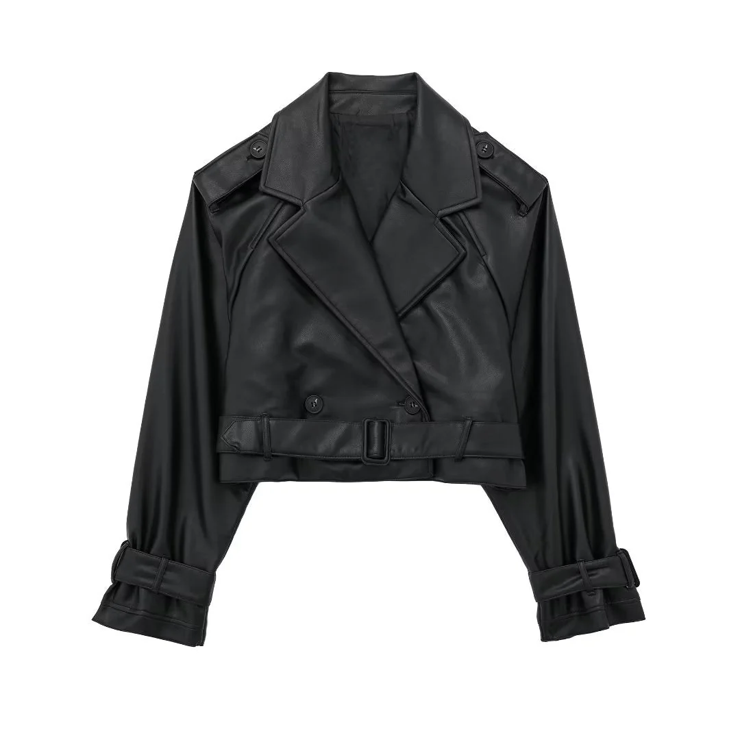 Women's Cropped Faux Leather Trench Jacket - Image 3