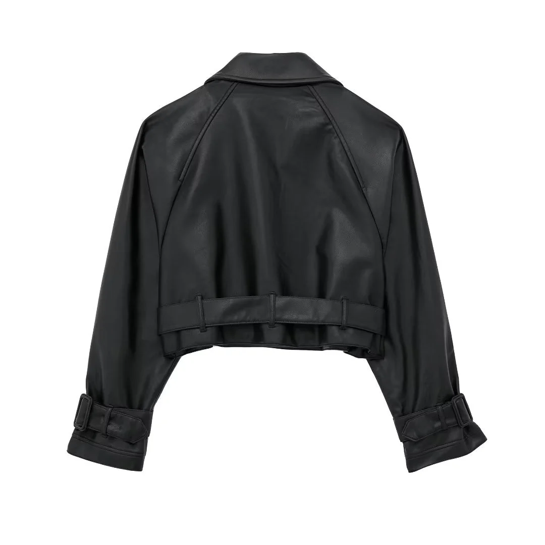 Women's Cropped Faux Leather Trench Jacket - Image 4