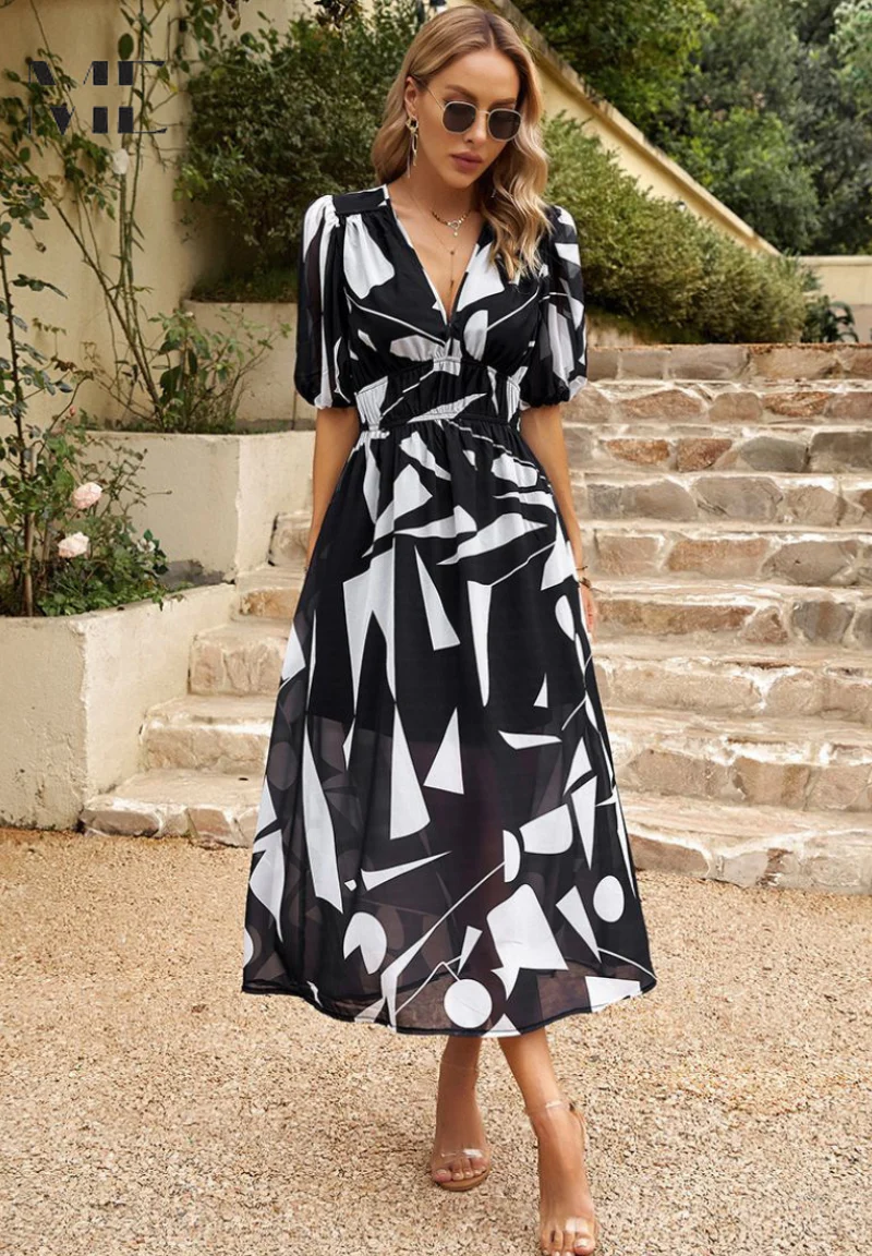 Elegant Floral Party Midi Dress with Puff Sleeves - Image 10