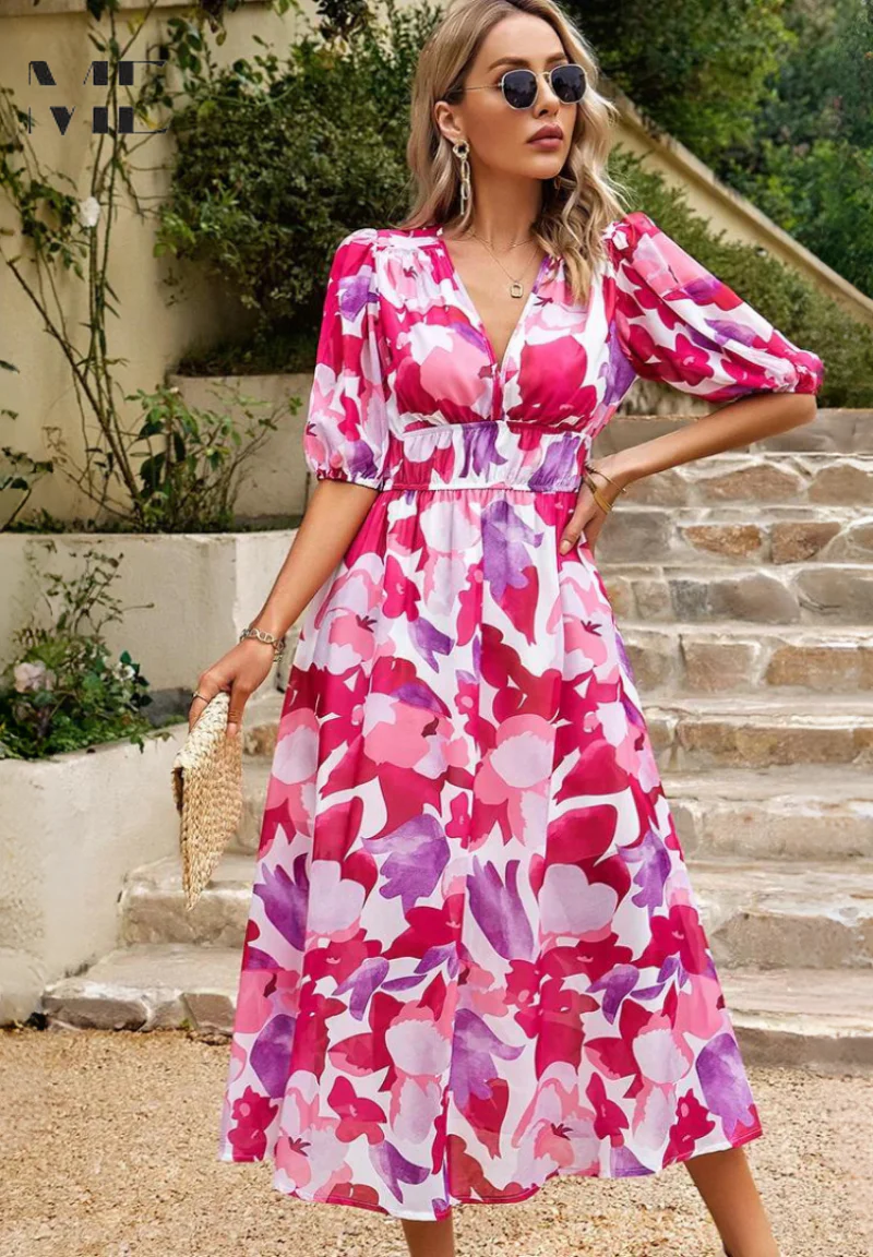 Elegant Floral Party Midi Dress with Puff Sleeves - Image 11