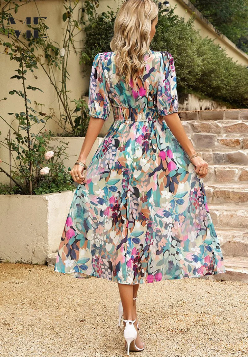 Elegant Floral Party Midi Dress with Puff Sleeves - Image 3
