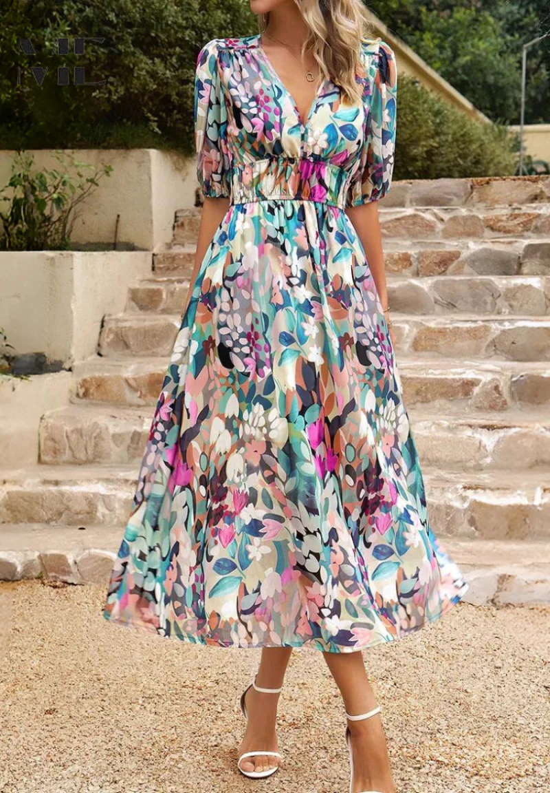 Elegant Floral Party Midi Dress with Puff Sleeves - Image 4