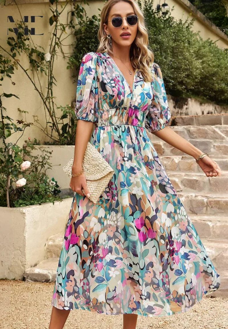 Elegant Floral Party Midi Dress with Puff Sleeves - Image 5
