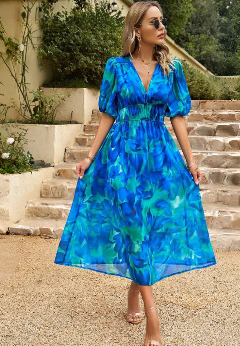 Elegant Floral Party Midi Dress with Puff Sleeves - Image 6