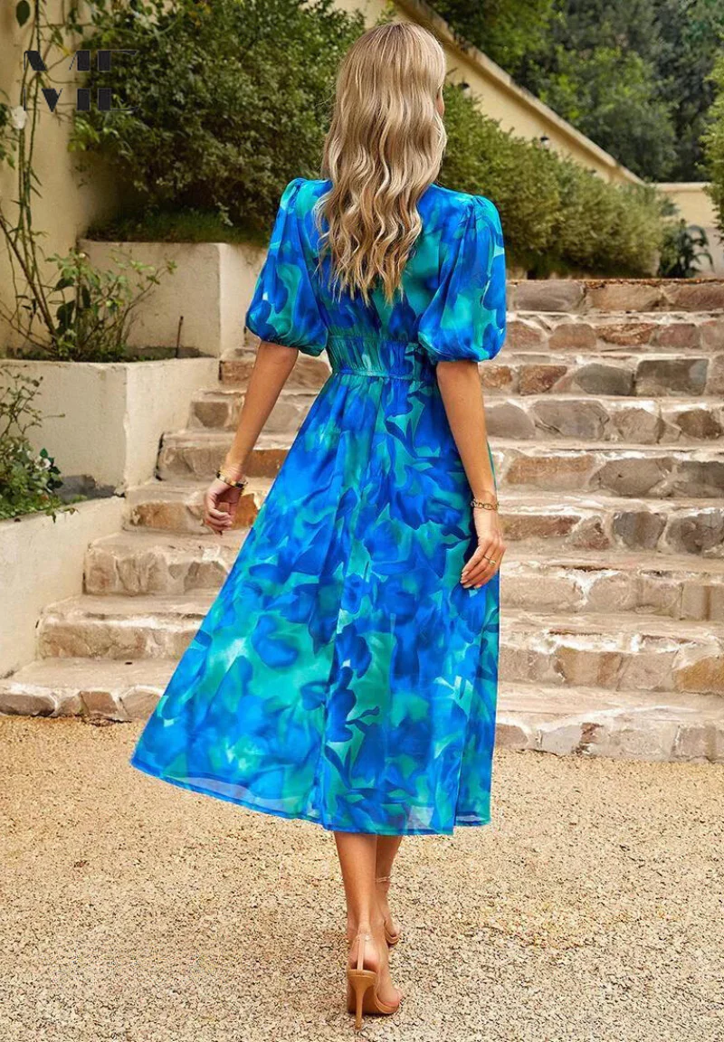 Elegant Floral Party Midi Dress with Puff Sleeves - Image 7