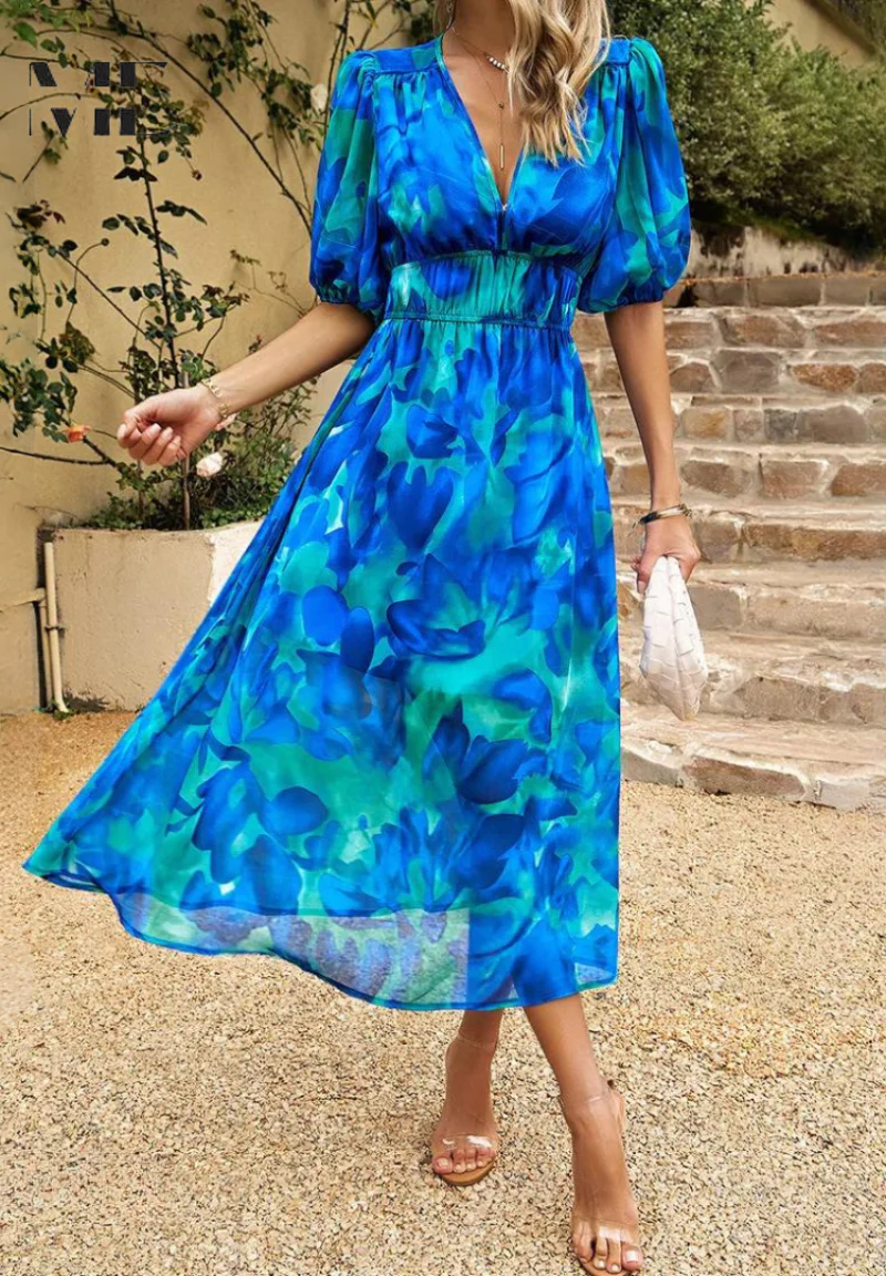 Elegant Floral Party Midi Dress with Puff Sleeves - Image 9