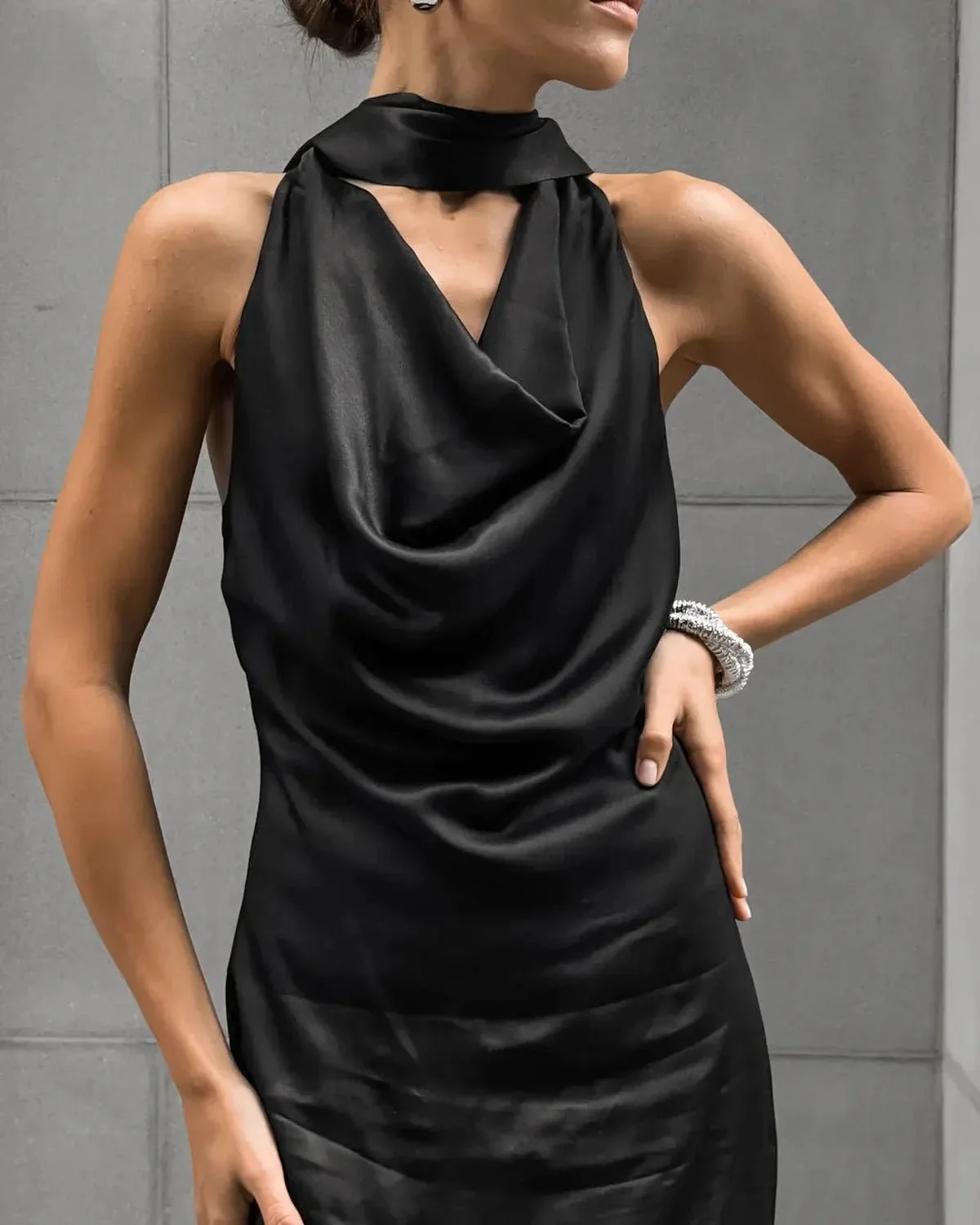 Black Satin Halter Wedding Guests Maxi Dress - Image 6